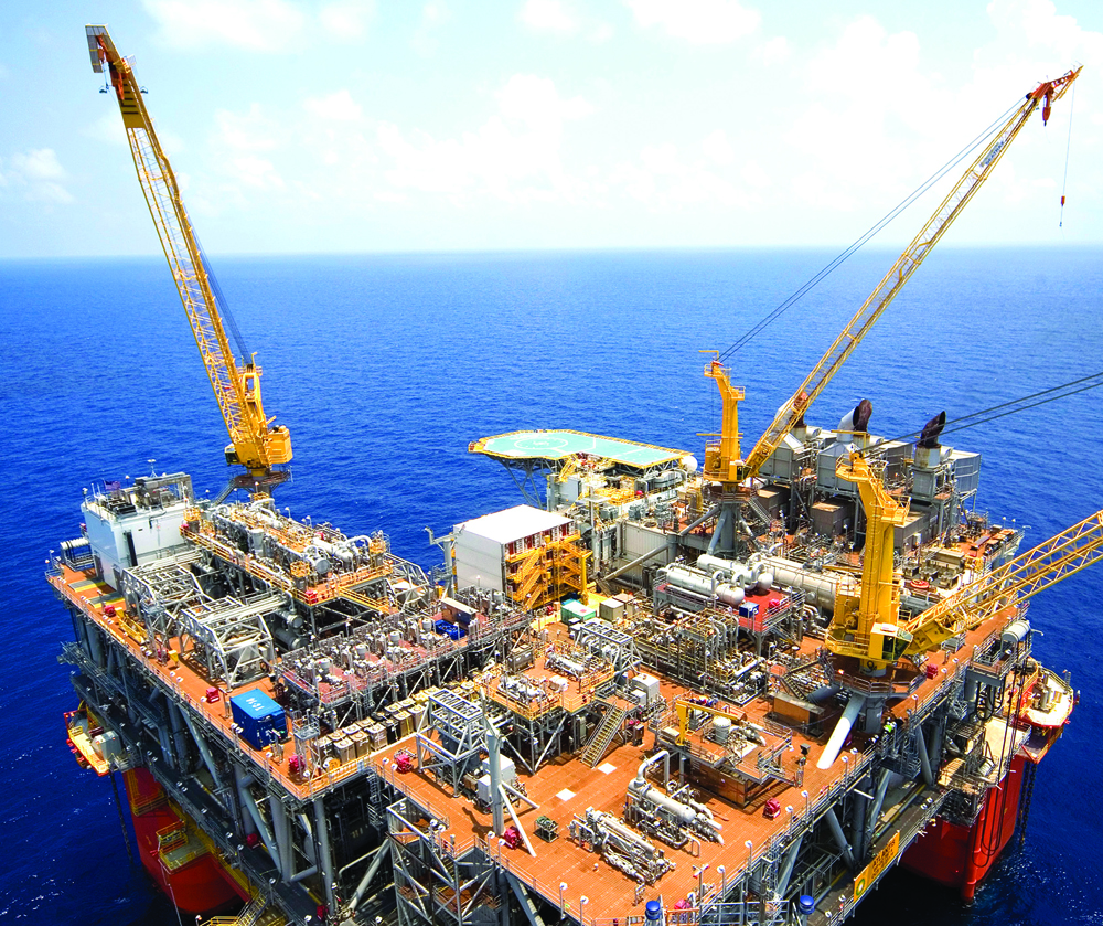 An offshore oil and gas platform at sea