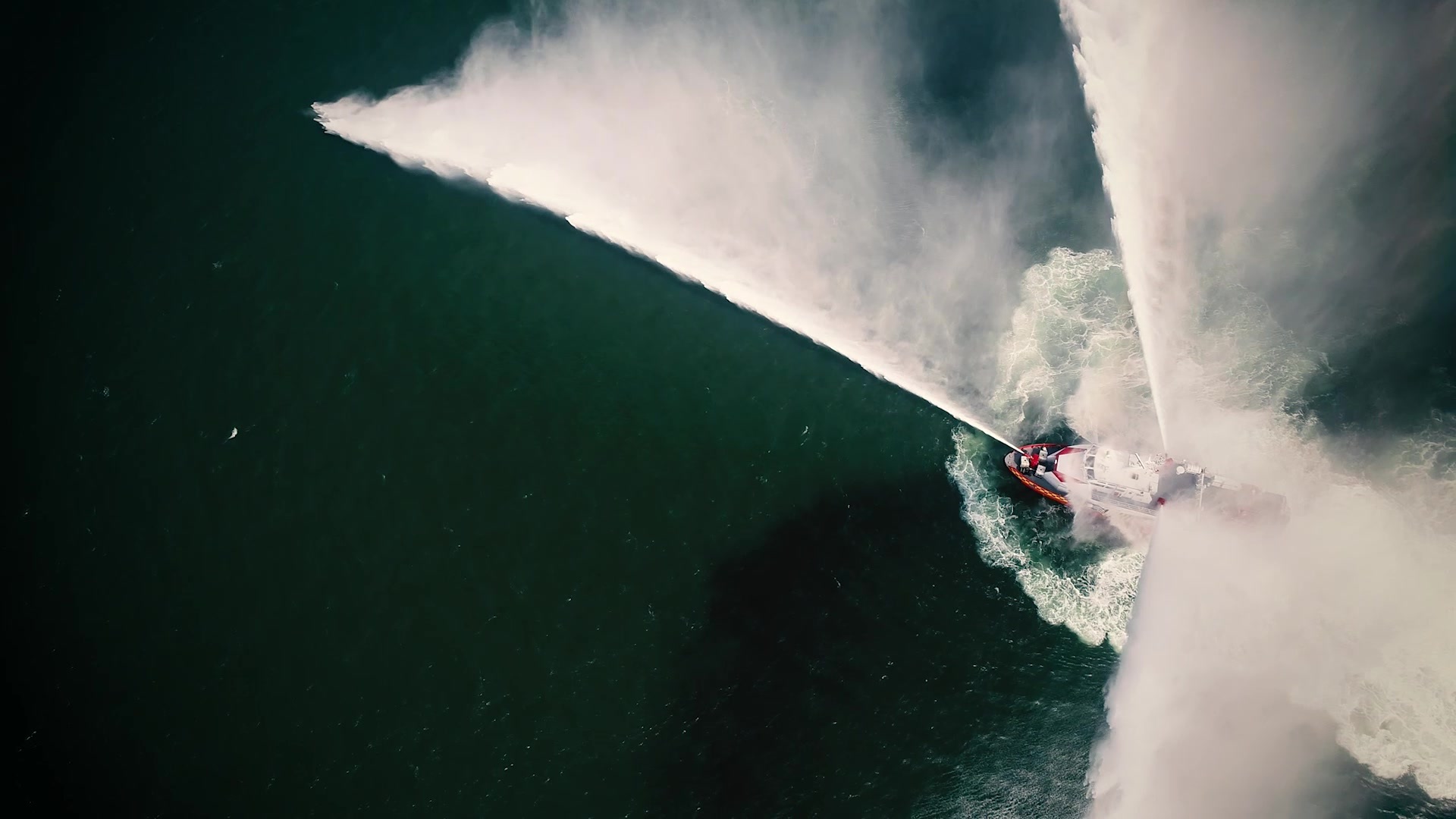 Aerial image of a fire vessel in operation
