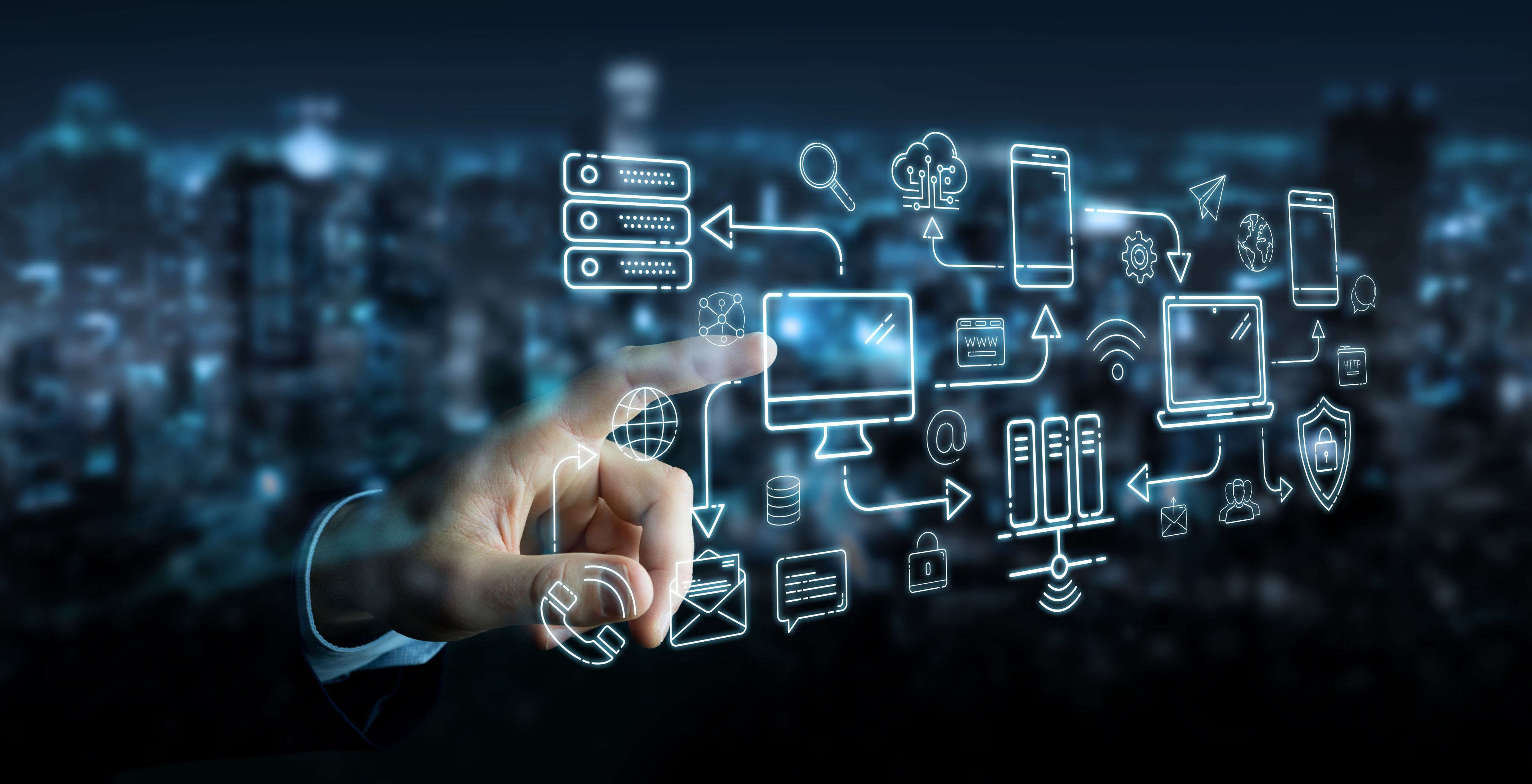 An image of a man's hand pressing a graphic on a digital screen