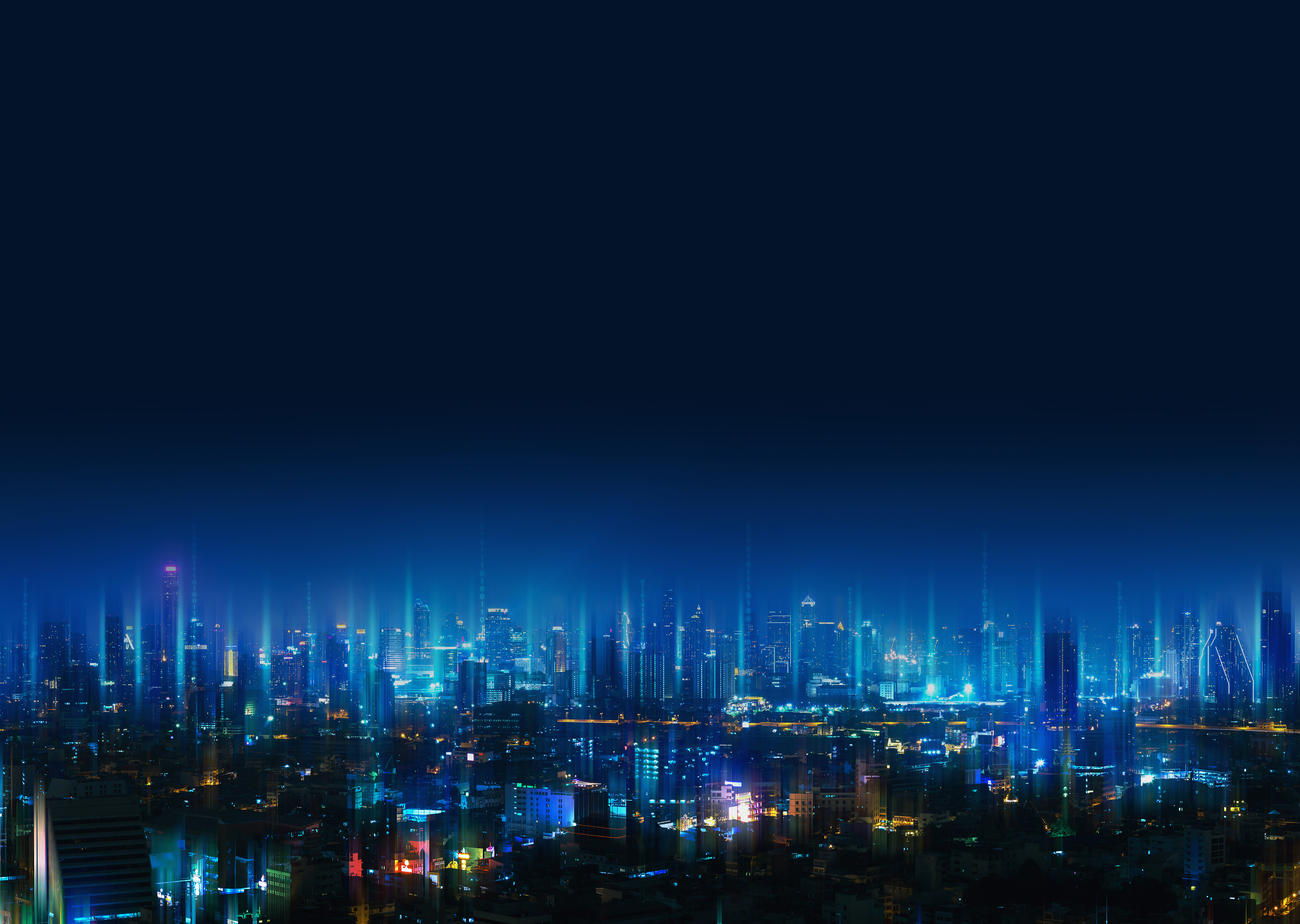 An image of a city skyline with data lights rising in to the sky at night