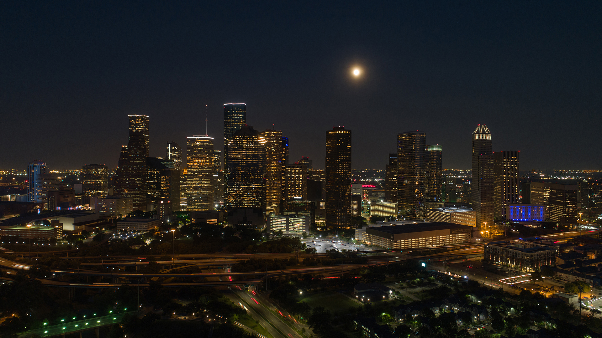 Skyline of Houston Texas at night with skyscrapers in background