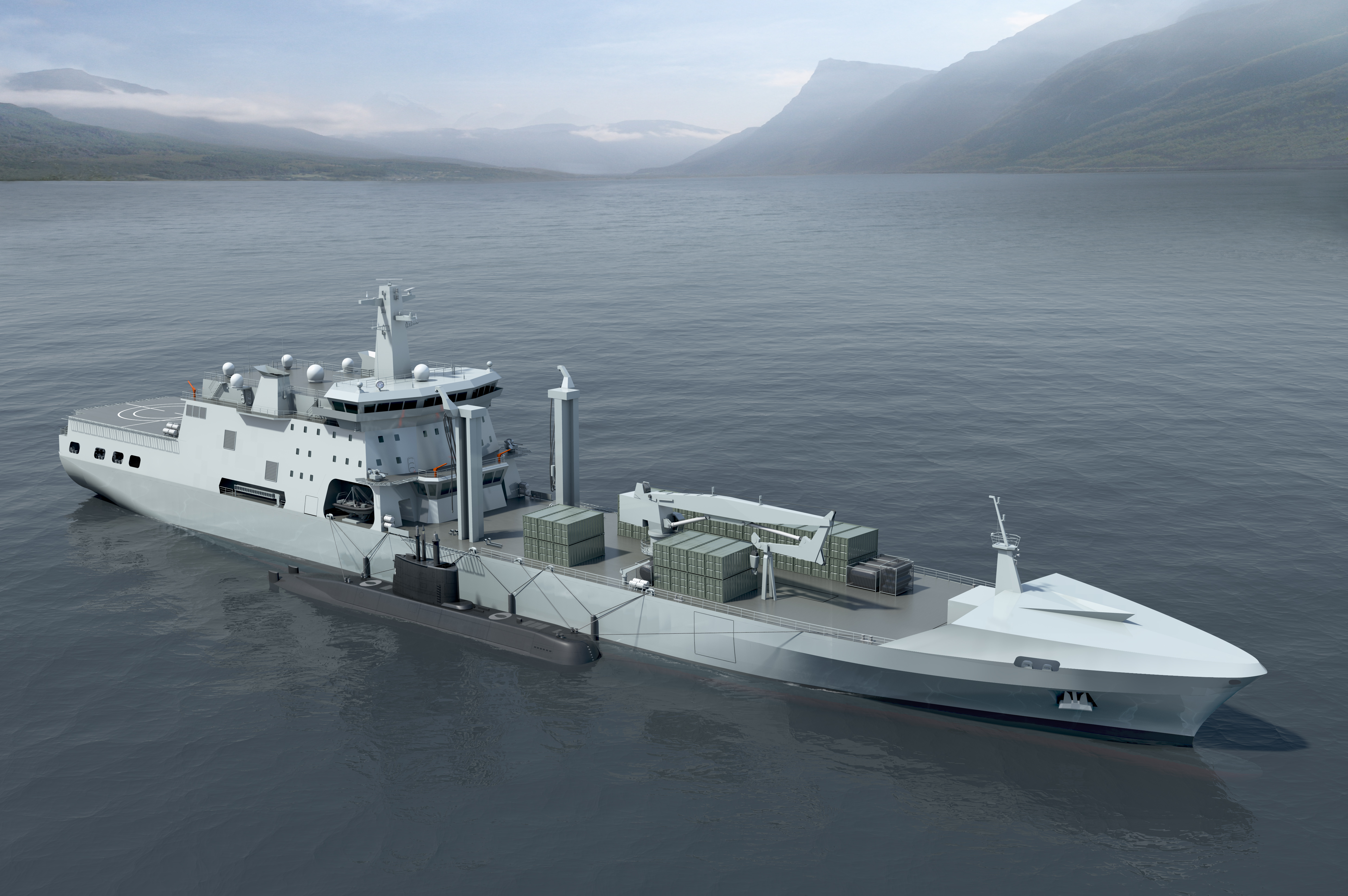 LSV Ship and submarine in coastal scene