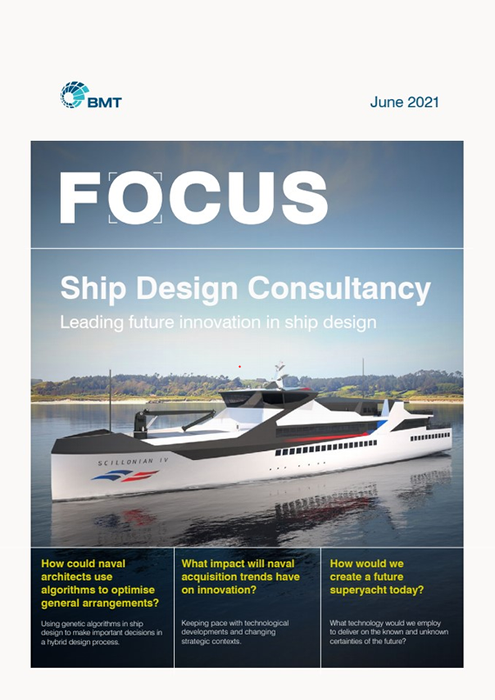 An image of the front cover of our magazine Focus the theme of which is Ship Design Consultancy with image showing a concept design of a vessel